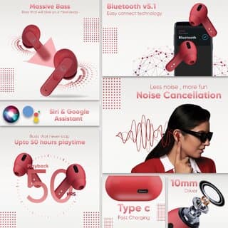 EKKO Earbeats T04 TWS: ENC Call Noise Cancellation, 50H Playtime, 10MM Driver, Twin Connect, Type-C Fast Charging, Siri & Google Assistant (Red)