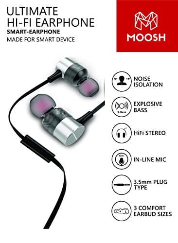 MOOSH Supreme Bass in-Ear Wired Earphones, in-line Remote Control with Mic for Music & Calls, HD Sound Mobile Headset with Noise Isolation, Flat Wired