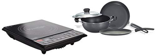 Prestige PIC 16.0+ 1900- Watt Induction Cooktop with Push button (Black) and Omega Select Plus Residue Free Non-Stick Kitchen Set, 3-Pieces