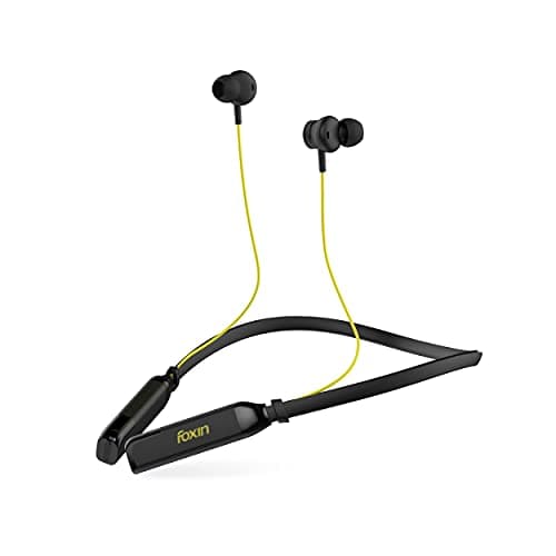 Foxin FoxBeat 111 Wireless Neckband with 12mm Bass Boost Drivers, Magnetic Metal Earbuds, Memory Card Slot, Deep Bass, Sweat Proof, Up to 14H Playback,Vibration Alert, Clear Call Conversations (Black-Yellow)