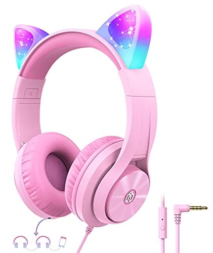 iClever Kids Headphones for Girls Over Ear Headphones with Microphone/Shareport, Wired Cat Ear Led Light Up Headphones,94dB Volume Limited, Foldable H