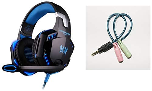 Kotion Each Over The Ear Headsets with Mic &amp; LED - G2000 Edition (Black/Blue)&amp;Kotion Each 3.5mm Stereo Jack Splitter Y-Adapter 1 Male, 2 Femal