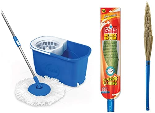Gala Quick Spin Mop with Wheels and Bucket Floor Cleaning with 2 Microfiber Refills(Light Blue) (145790) &amp; Gala No Dust Broom Extra Long (for Floo