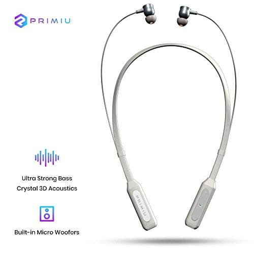 Primiu Apollo Neck Band Wireless Earphones with Ultra Strong Bass and High Frequency Noise Absorption for Crystal Clear 3D Surround Sound (White)