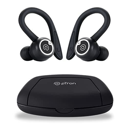 Newly Launched pTron Bassbuds Sports V2 Bluetooth 5.3 Wireless Headphone with Earhooks, 48Hrs Playtime, Snug-fit Design, ENC TWS Earbuds, Immersive Sound, Movie/Music Mode & Type-C Charging (Black)