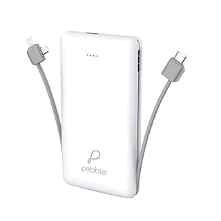 Pebble Ace+ 20000 mAh Power Bank with in-Built Micro, Type-C &amp; Lightning Cables and Fast Charging (White)