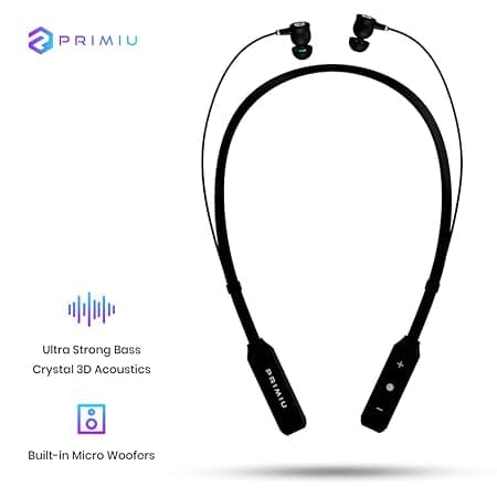 Primiu Apollo Neck Band Wireless Earphones with Ultra Strong Bass and High Frequency Noise Absorption for Crystal Clear 3D Surround Sound (Black) Acce