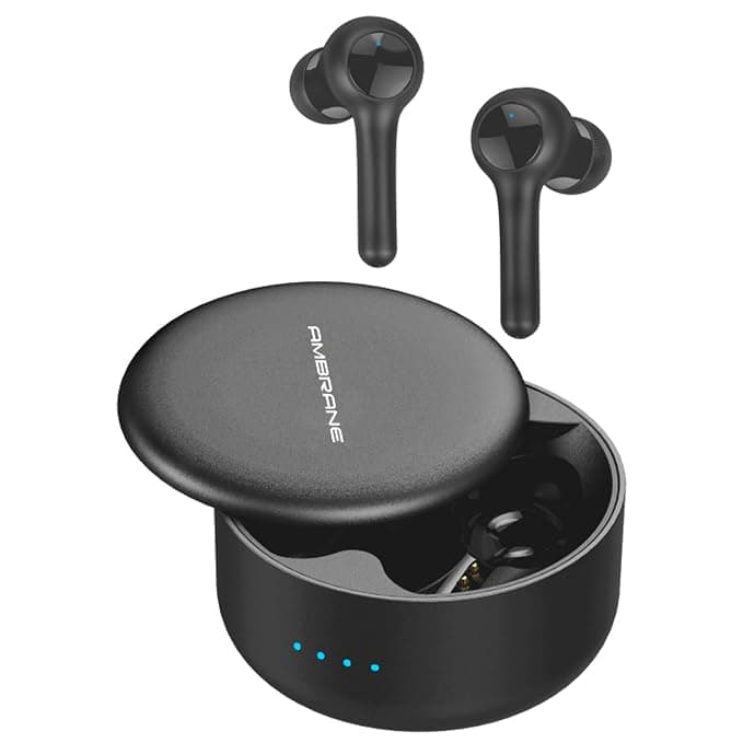 Ambrane BeatsDuo True Wireless Stereo Earphones with High Bass HD Sound, Dual Mic for Calls, 25 hrs Playtime with Case, Water Splash Proof & Siri/Goog