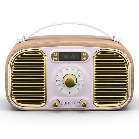 Corseca Eternia Retro Styled Bluetooth Wood Crafted Portable Speaker with Mic FM Radio and Digital Display (Pink) Speakers