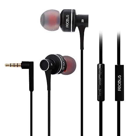Probus PE1BL in-Ear Headphones Headset with Super Bass and HD Clarity Earphones with Mic and Volume Rocker - Black