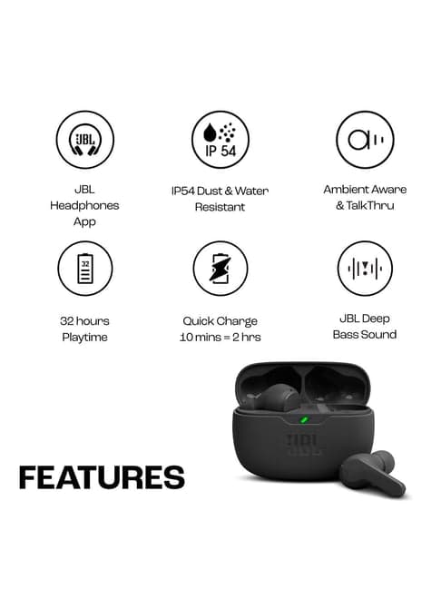 JBL Wave Beam TWS, 32Hr, Deep Bass, Dual Mode, Quick Charge, IP54, Smart Ambient & TalkThru (Black)