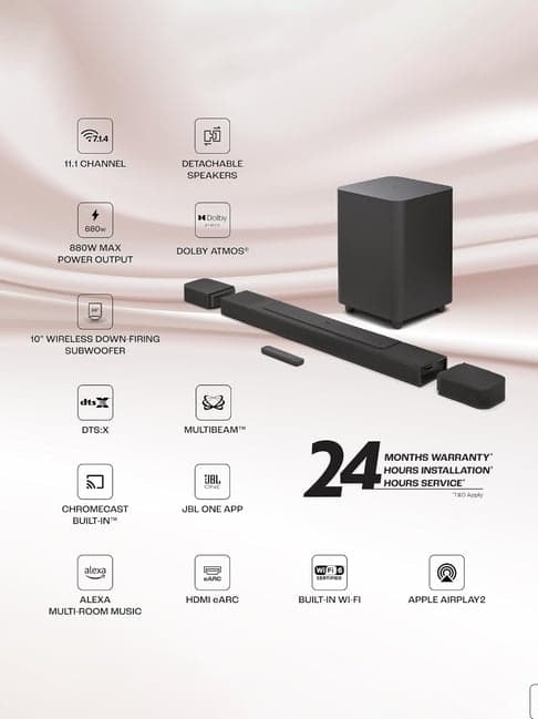JBL Bar 1000 Pro 880W Truly Wireless Soundbar with Wireless Subwoofer (Black, 7.1.4 Channel)