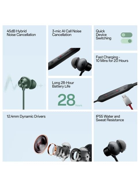OnePlus Bullets Wireless Z2 ANC Bluetooth in Ear Neckband with Mic, 45dB Hybrid ANC (Boomin Black)