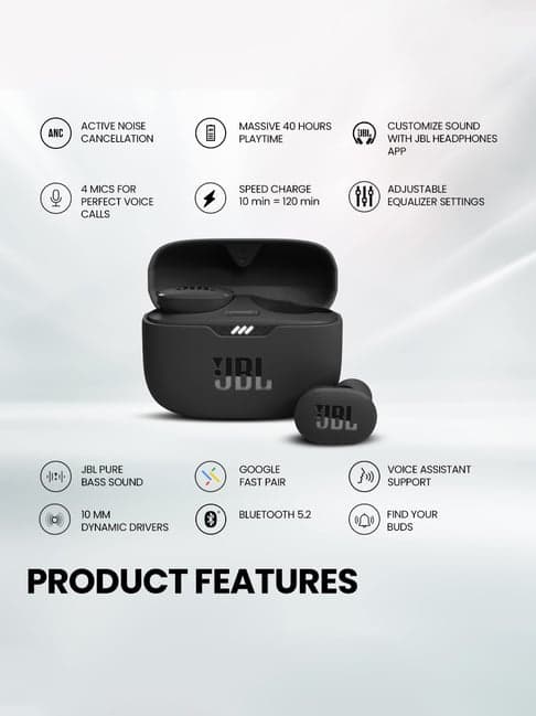 JBL Tune 130NC in Ear BT Earbuds with ANC Upto 40Db & 40Hrs Playtime (Black, True Wireless)