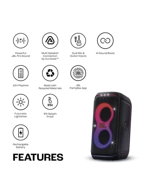 JBL Partybox 120, 160W Wireless BT Party Speaker with AI Sound Boost & Upto 12H Playtime (Black)