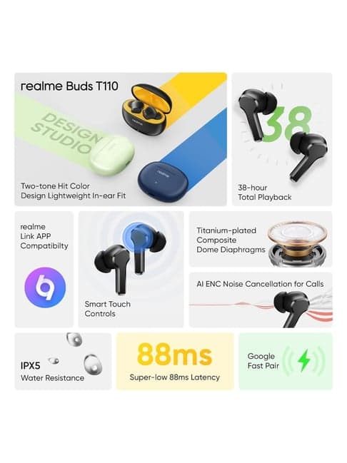 Realme Buds T110 In Ear Earbuds with Ai Enc & Upto 38H of Playback (Punk Black, True Wireless)