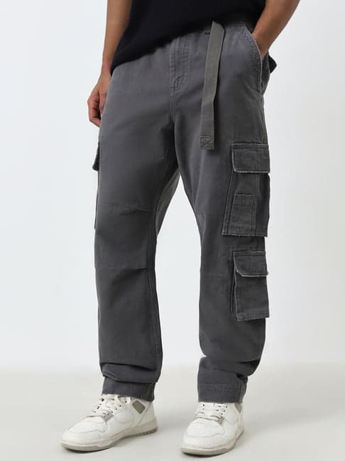 Nuon by Westside Grey Cargo-Style Relaxed-Fit Mid-Rise Cotton Pants