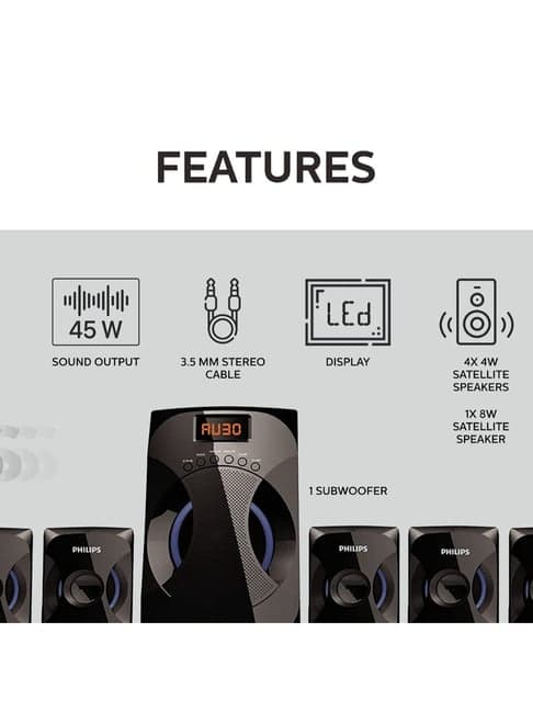 Philips Audio SPA4040B/94 5.1 Channel 45W Multimedia Speakers System,4x4W Satellite Speakers (Black)