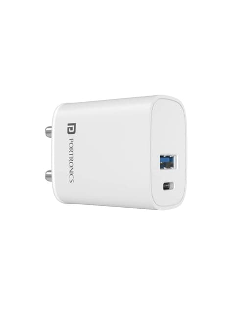 Portronics Adapto 30 30W Dual Output (Type C + USB A) Mobile Adapter Charger (White)