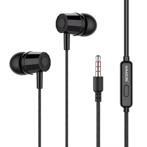 Kratos E02 Black Wired Earphones with 3.5mm Jack in-line Mic Control for Clear Calling & Music, Multi-Functional Controller,Sweat Resistant,Comfort Fi...