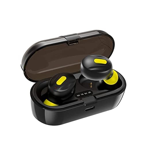 Moonwalk Mini Earbuds with Magnetic Charging Case, 30 Hours Playtime, IPX5, Bluetooth Earbuds with Digital Battery Indicator for Crisp Sound, True Wireless Earbuds (Black and Yellow)