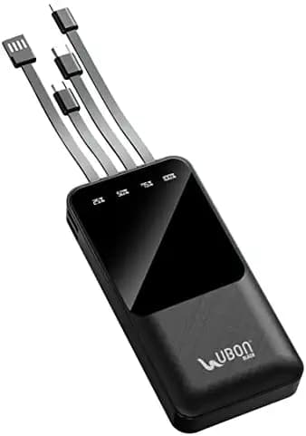 UBON Power Bank, 4 in 1 Powerjar 10000mAh 18W QC3.0 PD Power Bank, Made in India, Fast Charge, Multi-Layer Protection, in-Built USB Connecter/Type-C/Micro USB/Lighting Cables and LED Percentage