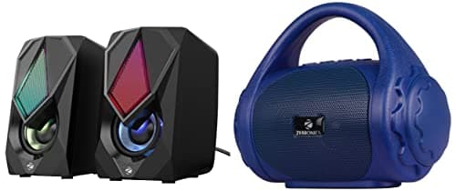ZEBRONICS Zeb-Warrior II 10 watts 2.0 Multimedia Speaker with RGB Lights, USB Power & Zeb-County 3W Wireless Bluetooth Portable Speaker with Supporting Carry Handle, USB, SD Card, AUX