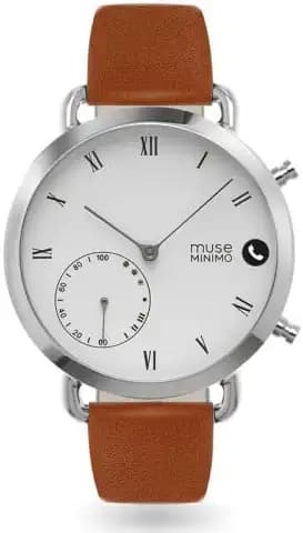 Muse Minimo Shiny Silver White Hybrid Smart Watch for Men & Women with Bluetooth Connectivity, Fitness Tracking, Step Counter, Sleep Monitoring, Alarm, Notifications, 5ATM Waterproof, 1 Year Long Life Battery & 18MM Leather Strap.