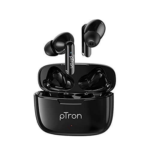 (Renewed) pTron Bassbuds Duo New Bluetooth 5.1 Wireless Headphones, Stereo Audio, Touch Control TWS, Dual HD Mic, Type-C Fast Charging, IPX4 Water-Resistant, Passive Noise Cancelling & Voice Assistant (Black)