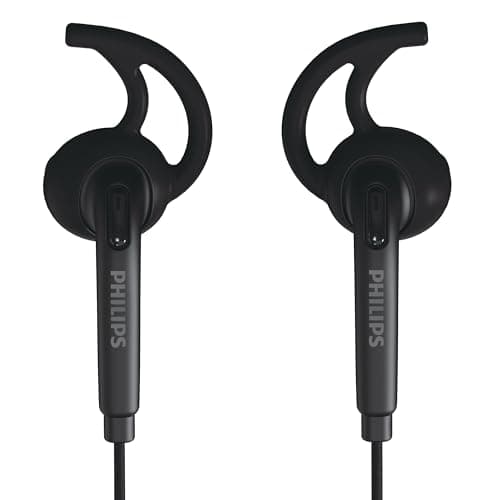Philips TAA1009BK/94 in-Ear Sports Wired Earphones with Mic, 12mm Neodymium Drivers, Secure Fit Wing Tips, IPX4 Splash/Sweat Resistant, 3-Button Remot...