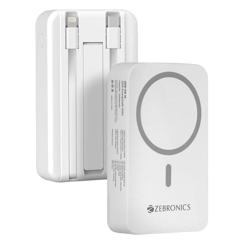 ZEBRONICS EnergiSafe 10R2, Magsafe 15W Wireless Power Bank, 10000 mAh, 22.5W Super Fast Charging PD (PPS), Built-in Stand, Type C & Lightning Cable, 5...