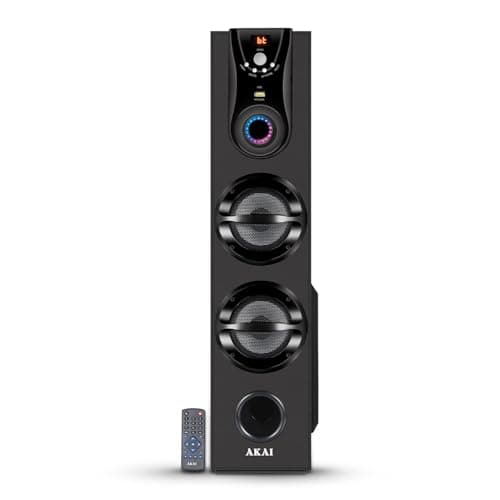 Akai HA-TS50 50W 2.0 Bluetooth Tower Speaker Wooden Cabinet Subwoofer Dual Tweeters Echo Sound Control Full Control Remote Led Display USB FM Party Sp