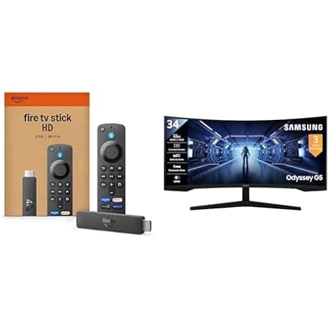 Samsung 34" (86.42cm) Odyssey G5 Curved WQHD Gaming Monitor | LS34G55TWWWXXL and Amazon Fire TV Stick HD (newest model) Combo, save extra