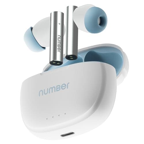 Number Navo Buds X1 w/ 50H Playtime, Dual Pairing, 13mm Speakers, ENC, 45ms Low Latency Bluetooth (White Sky)