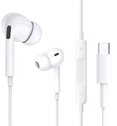 Type C Earphones, Wired Type C Earphones, Heavy Bass, Microphone Included, Call Support, Volume Adjustment, Compact, Compatible with iPhone 16, 15, Ga...