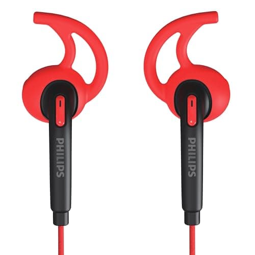 Philips TAA1009RD/94 in-Ear Sports Wired Earphones with Mic, 12mm Neodymium Drivers, Secure Fit Wing Tips, IPX4 Splash/Sweat Resistant, 3-Button Remot...
