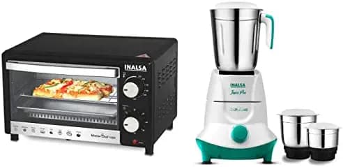 Inalsa Oven MasterChef 10BK OTG with Temperature Selection 800 W, Powder Coated Finish, Includes Baking Pan, SS Grill Tray, Hand Glove & Mixer Grinder Jazz Pro -550W with 3 Stainless Steel Jars