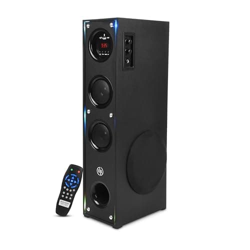 Tower Speaker with Bluetooth 5.0, 120W RMS, Dual 3 Inch Speakers, 5.25 Inch Woofer, USB, FM Radio, LED Display, Remote Control, Black