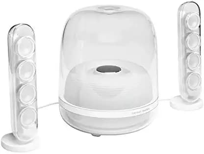 (Renewed) Harman Kardon SoundSticks 4 140 Watt 2.1 Channel Wireless Bluetooth Satellite Speaker (White), Standard (Soundstick 4)