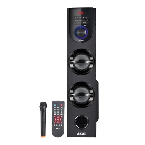 Akai HA-TS60 60W Bluetooth Tower Speaker Wooden Cabinet 5.25" Subwoofer, 4.0" Dual Mid Range Speaker Full Control Remote Led Display USB FM Party Speaker Home Theatre Extreme bass Karaoke Support with Wireless Mic.