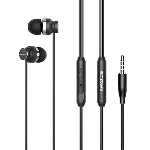 Kratos in Ear Wired Earphones with Mic, Powerful Bass, HD Sound Quality Earphones, Tangle Free Cable, Comfort in Ear Fit, 3.5 mm Jack, Compatible with Smartphones and Laptops - Black