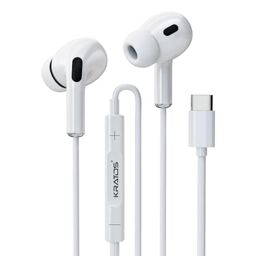 Kratos Type C Headphones with Mic, White in-Ear Design, 12mm Driver for Deep Bass and Clear Sound, C Type Earphones Wired, Compatible with iPhone, And...