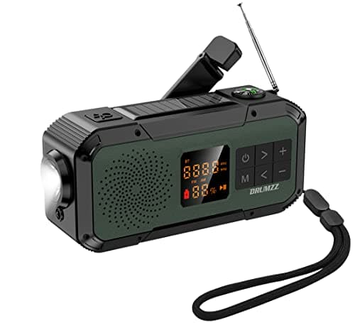 DRUMZZ Trek 200 - Multifunctional Hand Crank Radio Bluetooth Speaker, IPX5 Waterproof, Solar Charging, Flashlight, 3000 mAh Battery, Cell Phone Charger, SOS Alarm, Compass, Digital Display.(Green)