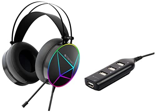 ZEBRONICS Zeb-Blitz USB Gaming Wired On Ear Headphones with Mic with Dolby Atmos & ZEB-90HB USB Hub, 4 Ports, Pocket Sized, Plug & Play