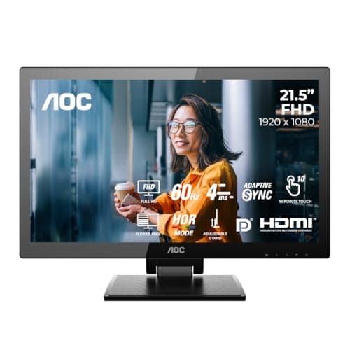AOC 22P2T 21.5" FHD VA Touch Monitor, 10-Point Capacitive Touchscreen, 75Hz, HDMI/DP/DVI Ports, USB 3.2 Fast Charge, HDR Mode, Built-in Speakers, IP65...