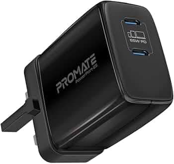 Promate PowerPort-65 Dual USB-C 65W GaN Charger, Compact & Lightweight, USB Type-C Fast Charger, GaNFast Technology, Compatible with iPhone, MacBook A...
