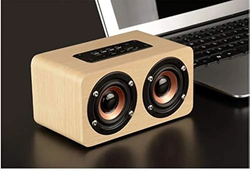 coku 10W Portable Wireless Mini Bluetooth Dual Wooden Speaker with Mic (Yellow Wood)