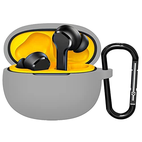 Sounce Portable Silicone Case Scratch-Resistant, Non-Slip Grip, Carabiner Clip Compatible with Keychain for Realme TechLife Buds T100 Full Protection Shockproof Case Cover Anti Fall Anti Dust (Grey)