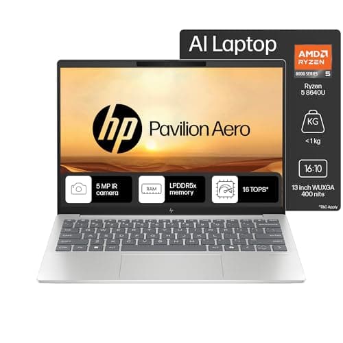 HP Pavilion Aero laptop, Lightest AI PC, AMD Ryzen 5 8640U, 13.3-inch (33.8 cm), WUXGA, 400 nits, 16GB LPDDR5x, 512GB SSD, AMD Radeon graphics, 5MP ca...