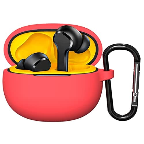 Sounce Portable Silicone Case Scratch-Resistant, Non-Slip Grip, Carabiner Clip Compatible with Keychain for Realme TechLife Buds T100 Full Protection Shockproof Case Cover Anti Fall Anti Dust (Red)